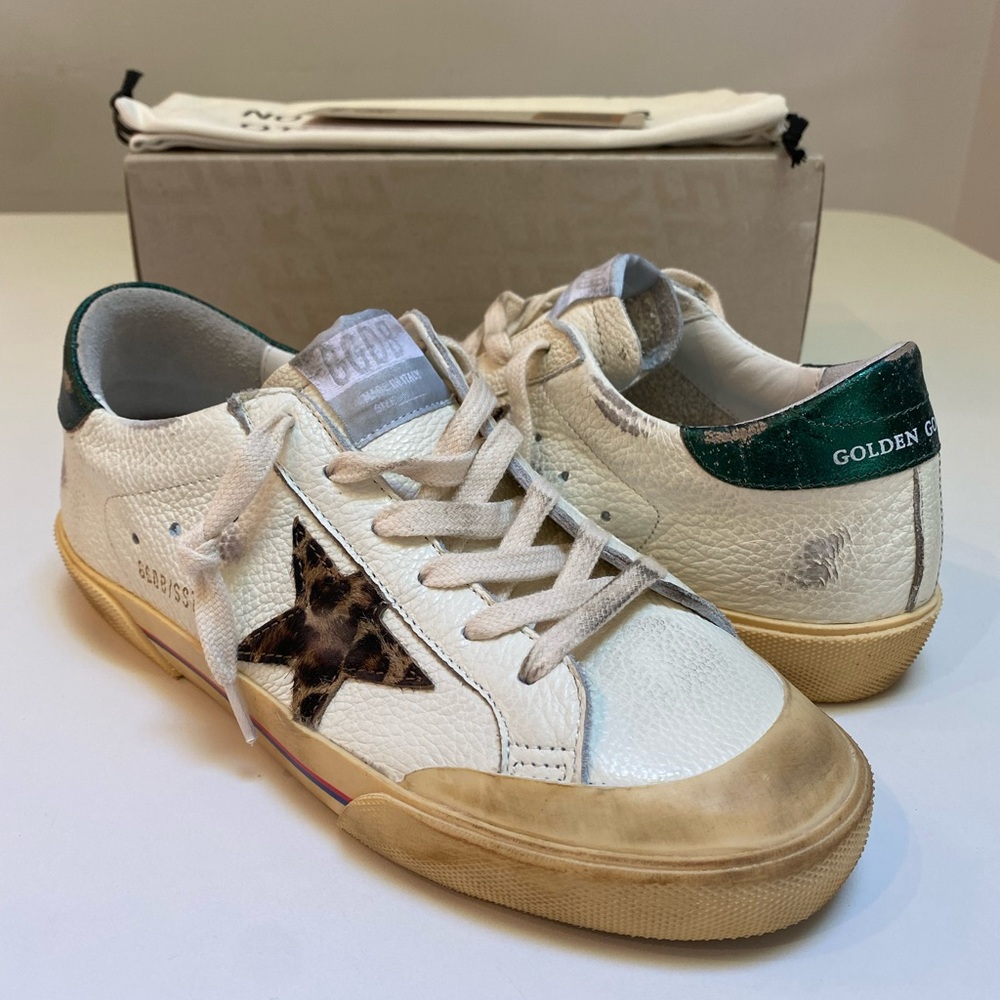 Golden Goose Superstar Penstar White Leather/Green/Leopard Star sz 38 New in Box - Picture 11 of 14